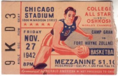 1942 Oshkosh All-Stars & Fort Wayne Zollner Pistons National Basketball League (NBL) ticket stub