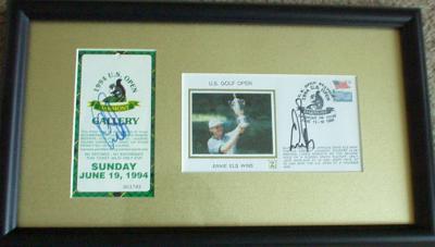 Ernie Els autographed 1994 U.S. Open ticket & cachet envelope matted & framed