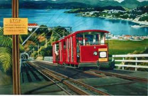 Kelburn cable tram arrives towards the summit in 1950s. Don McAra's painting