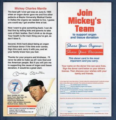 Mickey Mantle New York Yankees 1995 organ donor card
