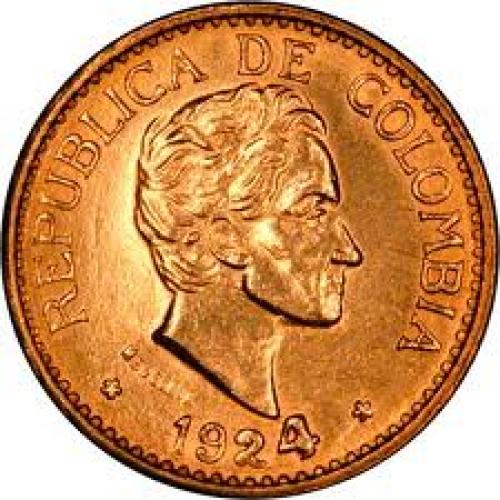 Coins; Obverse of 1924 Colombia 5 Pesos