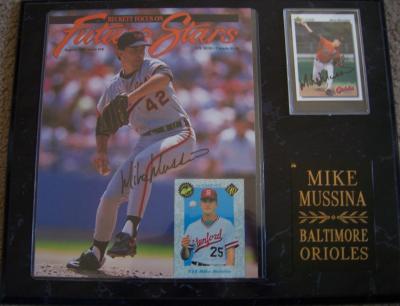 Mike Mussina autographed Baltimore Orioles magazine cover & 1992 Upper Deck card in plaque