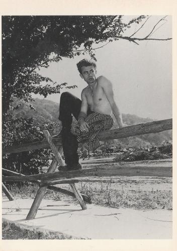 1989 JAMES DEAN POSTCARD OF JAMES DEAN SITTING ON A FENCE SMOKING A CIGARETTE