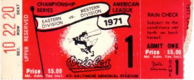 1971 Baltimore Orioles American League Championship Series (ALCS) Game 1 ticket stub
