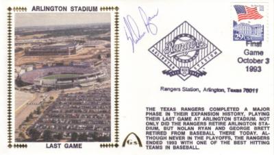 Nolan Ryan autographed Texas Rangers Arlington Stadium Last Game cachet envelope