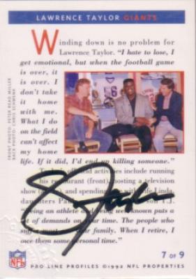 Lawrence Taylor certified autograph New York Giants 1992 Pro Line Profiles card