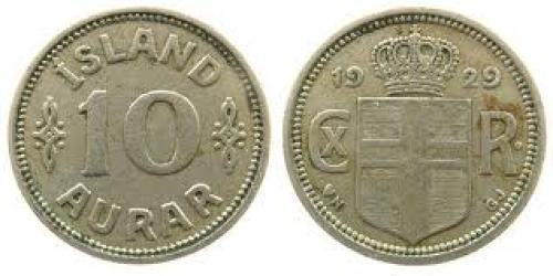 Coins;  Iceland KN Christian X, Siegs 10 10 Aurar 1929 ss