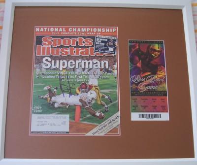 Vince Young autographed Texas 2005 National Championship SI cover framed with 2006 Rose Bowl ticket