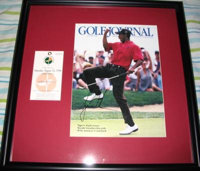 Tiger Woods autographed 1996 U.S. Amateur magazine cover framed with ticket