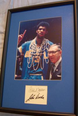 Kareem Abdul-Jabbar & John Wooden autographs framed with UCLA NCAA Championship photo