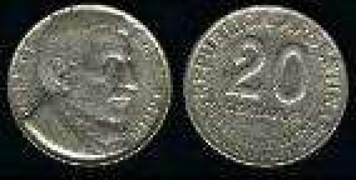 20 Centavos; Year: 1950; (km 45);  Copper-Nickel; BUSTO DE SAN MARTIN ANCIANO 100 AÑOS NACIMIENTO