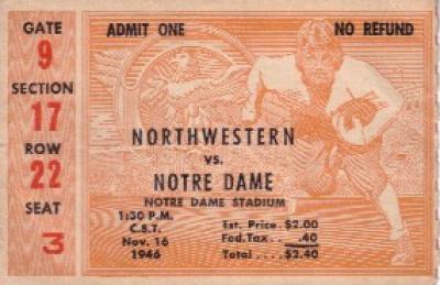 1946 Notre Dame (National Champions) vs Northwestern ticket stub