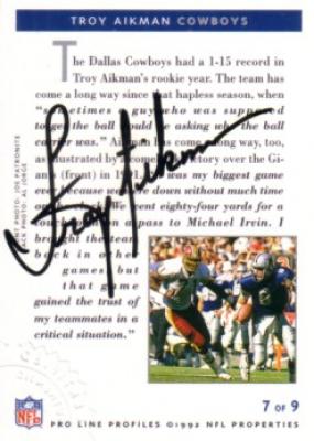 Troy Aikman certified autograph Dallas Cowboys 1992 Pro Line card