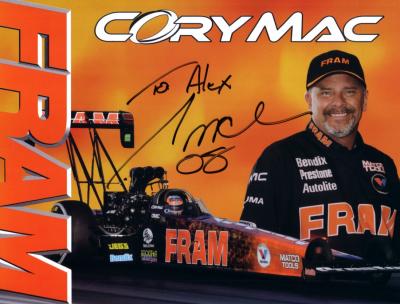 Cory Mac (NHRA) autographed Fram 8x11 photo card (to Alex)