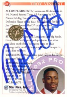 Troy Vincent certified autograph Wisconsin 1992 Star Pics card