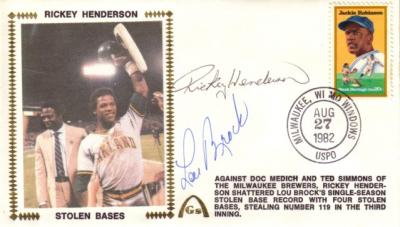 Rickey Henderson & Lou Brock autographed Stolen Base Record cachet