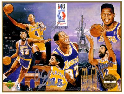1991-92 Los Angeles Lakers autographed commemorative card sheet (Magic Johnson James Worthy)