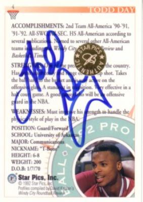 Todd Day certified autograph Arkansas 1992 Star Pics card