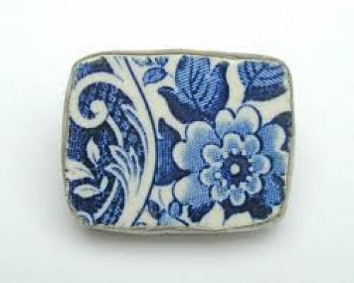 Blue and white brooch, hand cut from vintage ceramic with silver