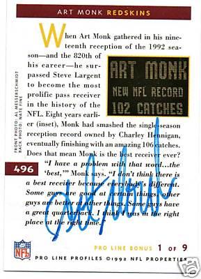 Art Monk certified autograph Washington Redskins 1992 Pro Line card