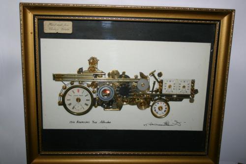 Original Artwork Made From Clocks and Watches Signed American Fire Tender