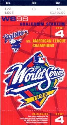 1998 World Series Game 4 ticket stub (New York Yankees sweep Padres with 3-0 win)
