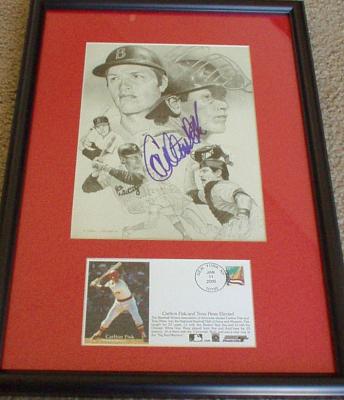Carlton Fisk autographed artwork matted & framed with Hall of Fame cachet