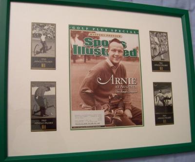 Arnold Palmer autographed four Masters Champion golf cards framed with Sports Illustrated cover
