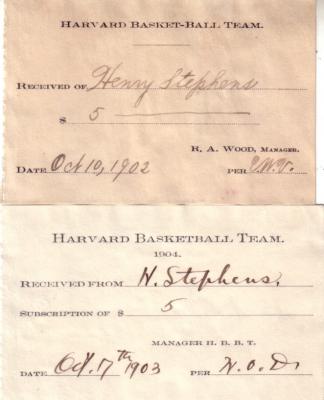 1902 & 1903 Harvard Basketball ticket receipts