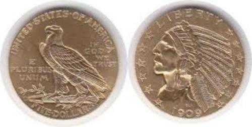 Coins;USA Gold 5 Dollars 1909 D, Denver Indianer coin