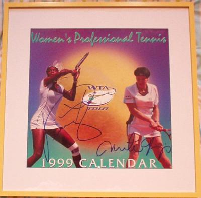 Martina Hingis & Venus Williams autographed 1999 WTA tennis calendar cover matted & framed