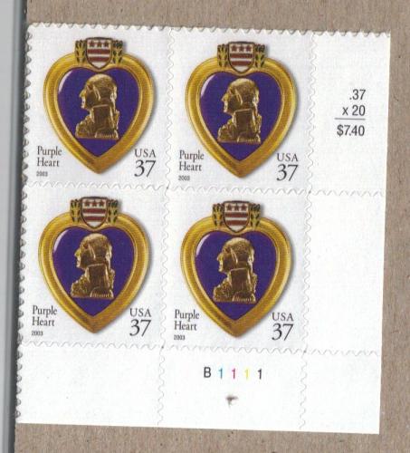 Scott # 3784a Purple Heart Plate Block of 4 MNH Postal Stamps