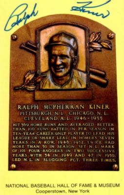 Ralph Kiner autographed Baseball Hall of Fame plaque postcard