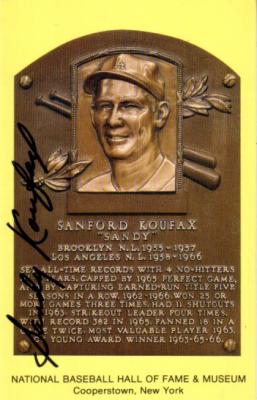 Sandy Koufax autographed Hall of Fame plaque postcard