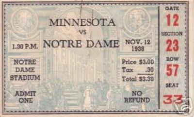 1938 Notre Dame vs Minnesota ticket stub (Irish 300th Victory)