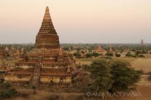 Postcard from Bagan. Myanmar, Bagan. Old temples after sunset.