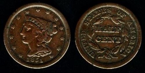 0,5 cent; Year: 1849-1857; Coronet;