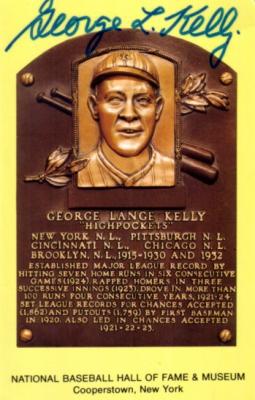 George Kelly autographed Baseball Hall of Fame plaque postcard