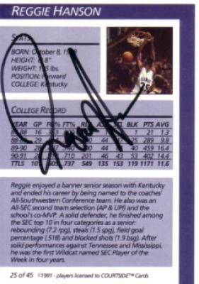 Reggie Hanson Kentucky certified autograph 1991 Courtside card