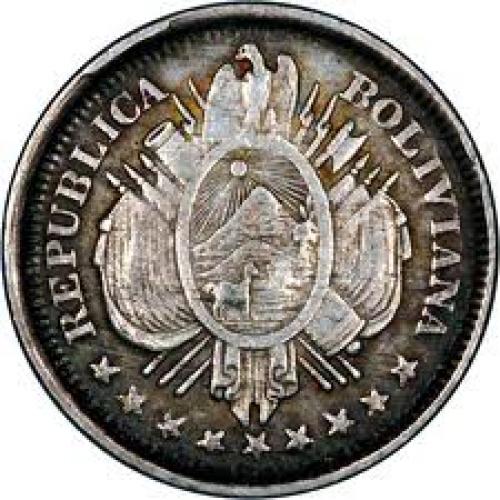 Coins; 1887 bolivia 20cents silver obverse