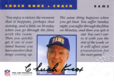 Chuck Knox certified autograph Los Angeles Rams 1992 Pro Line card