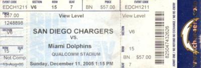 2005 Miami Dolphins at San Diego Chargers ticket (Antonio Gates 13 catches)