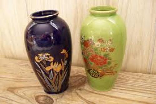Antique Vases 2 Scenic Gold Gilt Accented Japan