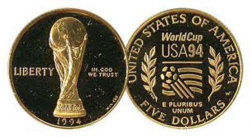 Coins;US coin; 1994-w $5 Modern Commemorative Gold Coins Gem Proof World Cup