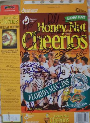 1997 Florida Marlins team autographed World Series Champions cereal box Jeff Conine Gary Sheffield