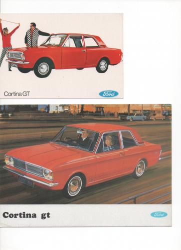 2 postcards FORD CORTINA GT 1967