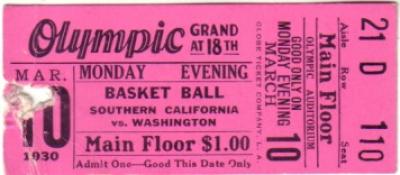 1930 USC vs. Washington college basketball ticket stub