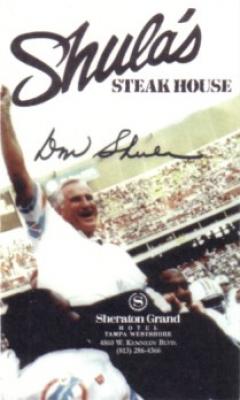 Don Shula Dolphins Tampa Steakhouse promotional business card