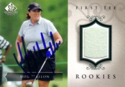 Meg Mallon autographed 2004 SP Signature golf tournament worn shirt card