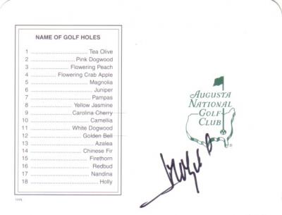 Jose Maria Olazabal autographed Augusta National Masters scorecard